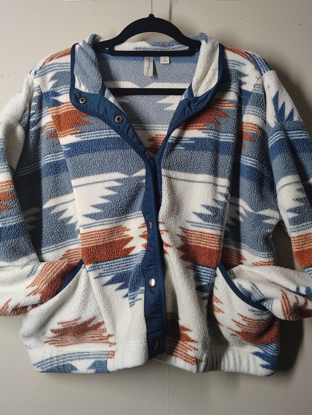 Cozy Aztec-Print Fleece Button-Up Hoodie - Blue, White & Rust
